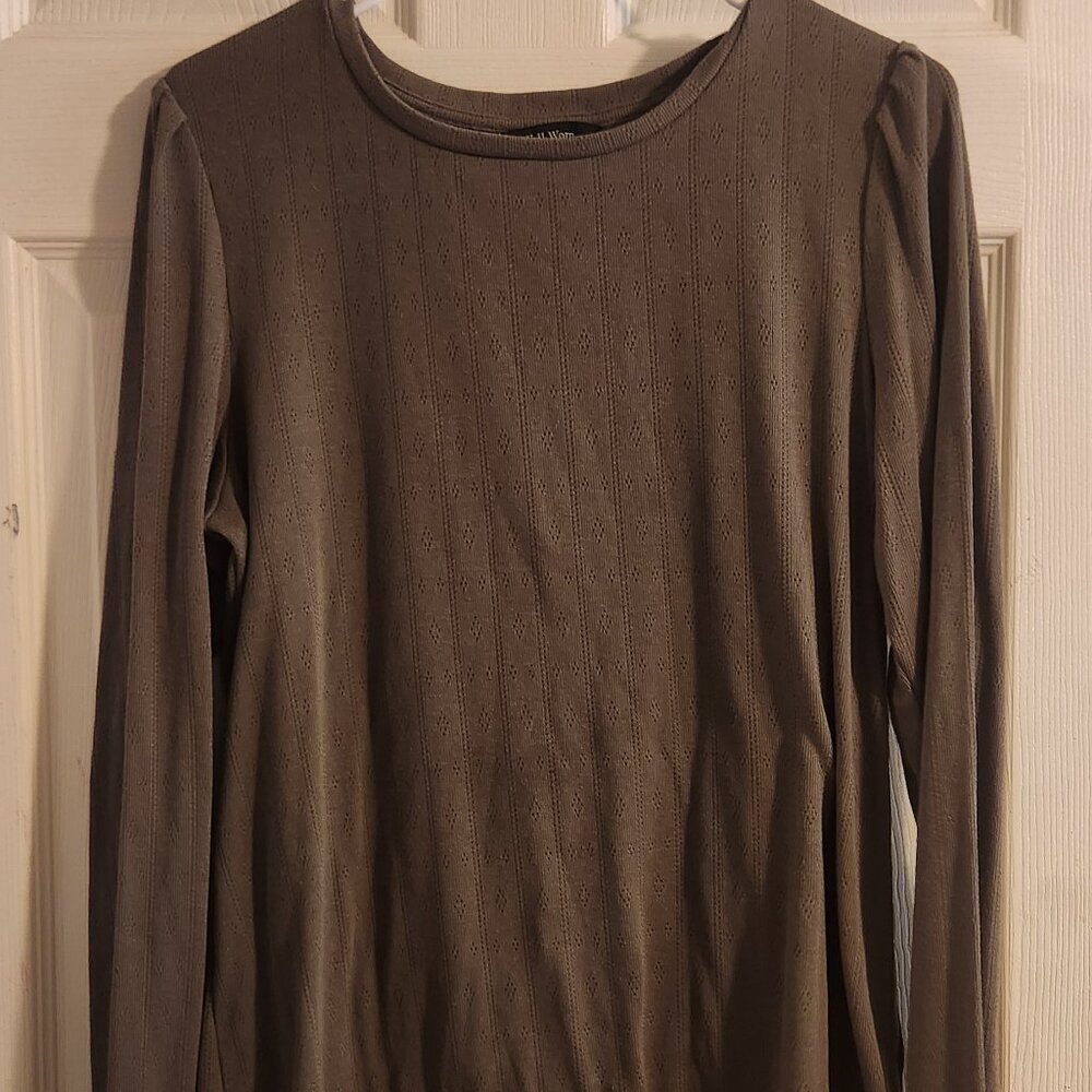 Olive Green Pointelle Knit Long Sleeve Top with Puff Shoulders